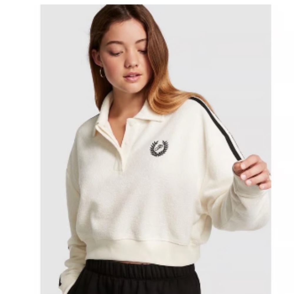 Victoria’s Secret PINK Reverse Fleece Cropped Polo Sweatshirt Cream  NWT Sz S